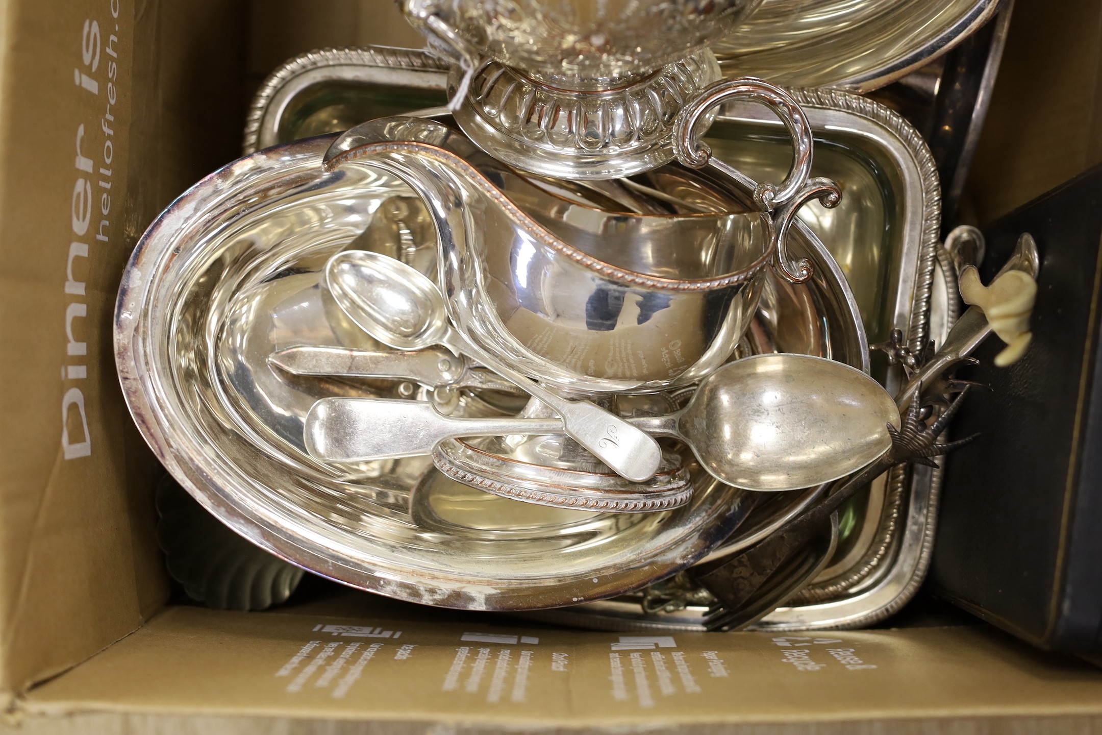 A quantity of assorted plated wares including oval serving dishes, sauce boat, rose bowl, flatware etc.